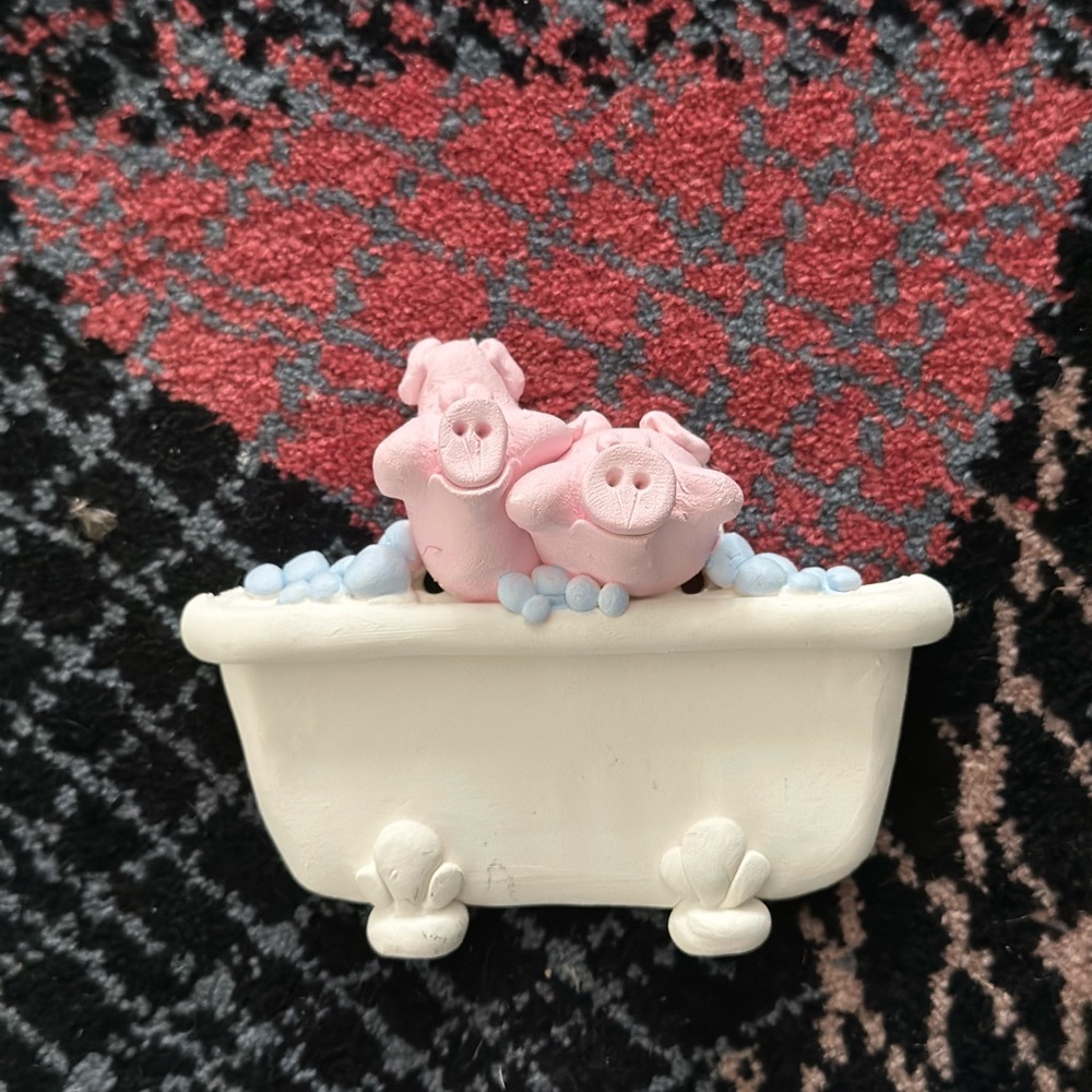 Vintage Handmade Pig Figurines in Clawfoot Bathtub Claywork Wall Decor